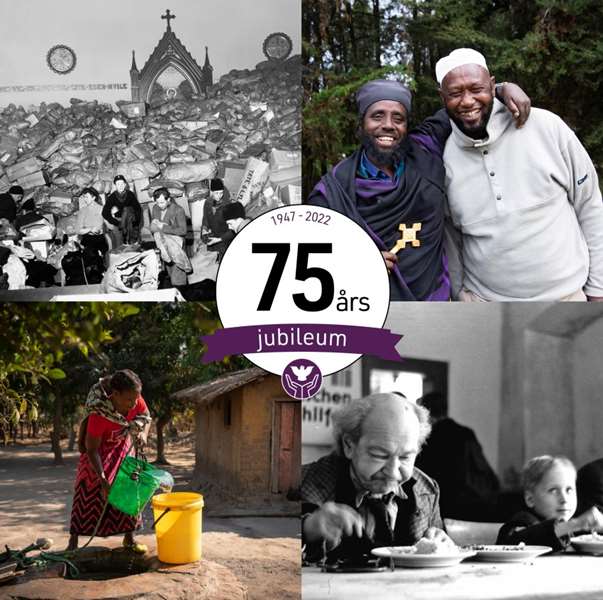 kombinasjon av bilder som viser Kirkens Nødhjelps 75 år gamle historie