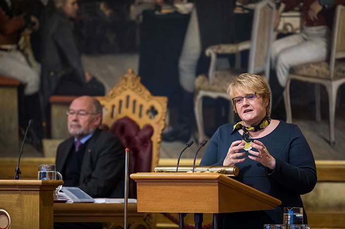 Venstre-leder Trine Skei Grande under finansdebatten i 2016. Foto: Stortinget.