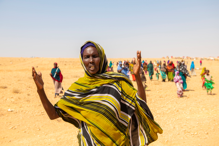 I slutten av april 2021 meldte FN om at mer enn 80 prosent av Somalia rammet av moderat til alvorlig tørke. Dette bildet er fra 2019. Da hadde det nesten ikke regnet på fire år i Garowe i Somalia. Saido Jama Isse (60) ber for regn på fjellet utenfor Jilab leir for internt fordrevne. Foto: Håvard Bjelland/Kirkens Nødhjelp.