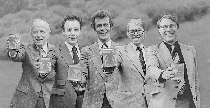 Bøssebærere til fasteaksjonen i 1977. Fra venstre: Lars Korvald, Reiulf Steen, Erling Nordvik, Gunnar Stålsett og Hans Rossbakk. 