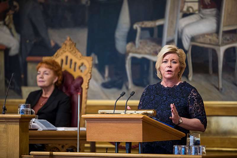 Siv Jensen under finansdebatten i Stortinget. Foto: Stortinget.
